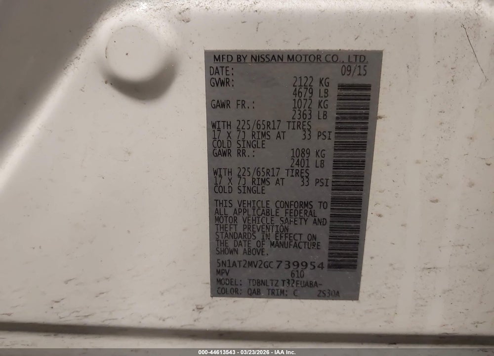 2016 NISSAN ROGUE SV VIN: 5N1AT2MV2GC739954