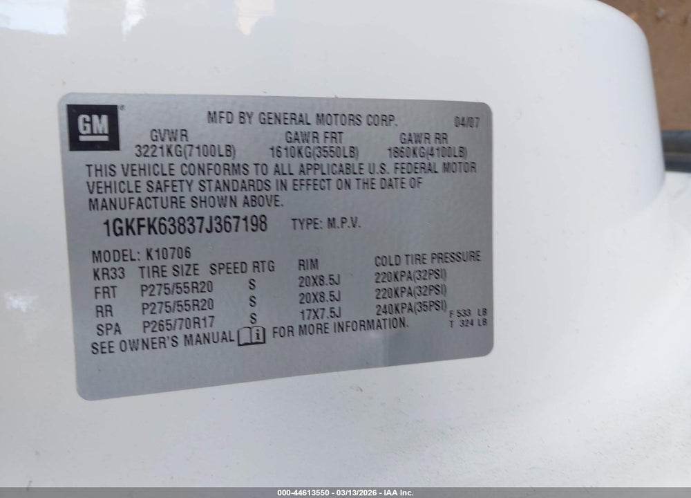 2007 GMC YUKON VIN: 1GKFK63837J367198