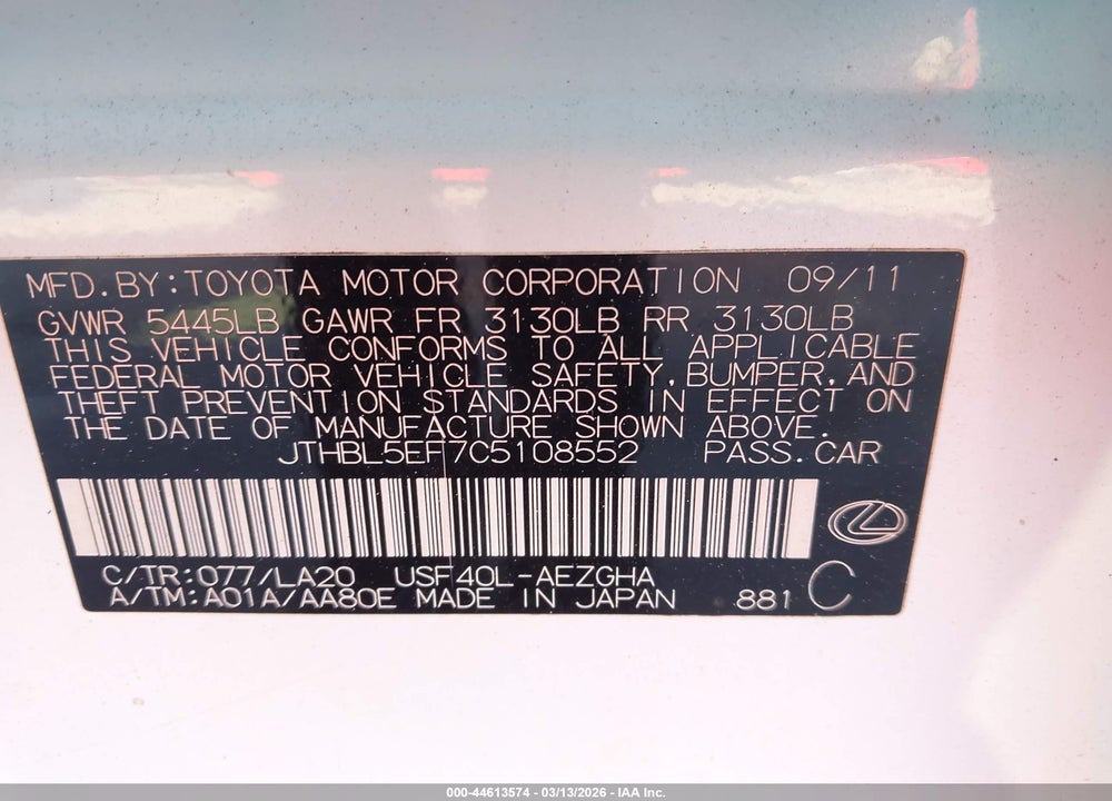 2012 LEXUS LS 460 VIN: JTHBL5EF7C5108552