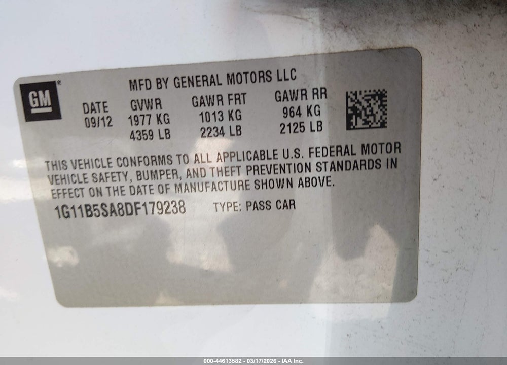 2013 CHEVROLET MALIBU LS VIN: 1G11B5SA8DF179238
