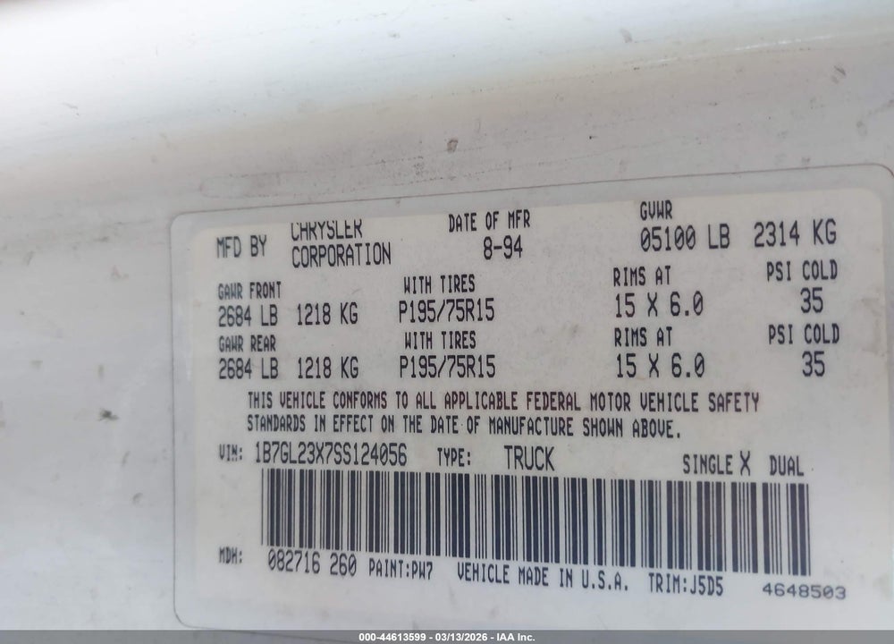 1995 DODGE DAKOTA VIN: 1B7GL23X7SS124056