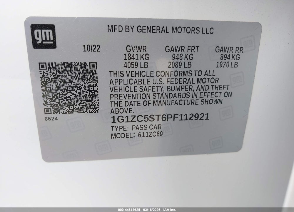 2023 CHEVROLET MALIBU FWD 1FL VIN: 1G1ZC5ST6PF112921