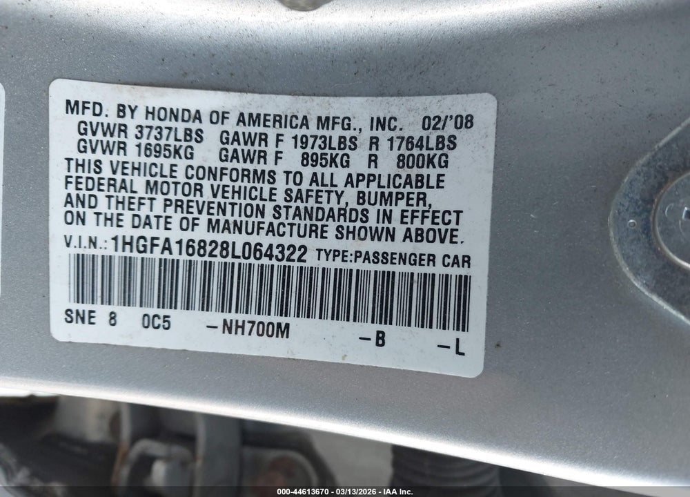 2008 HONDA CIVIC EX VIN: 1HGFA16828L064322