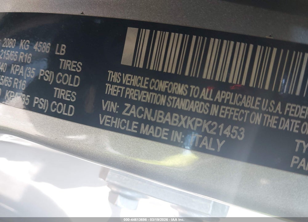 2019 JEEP RENEGADE SPORT 4X4 VIN: ZACNJBABXKPK21453
