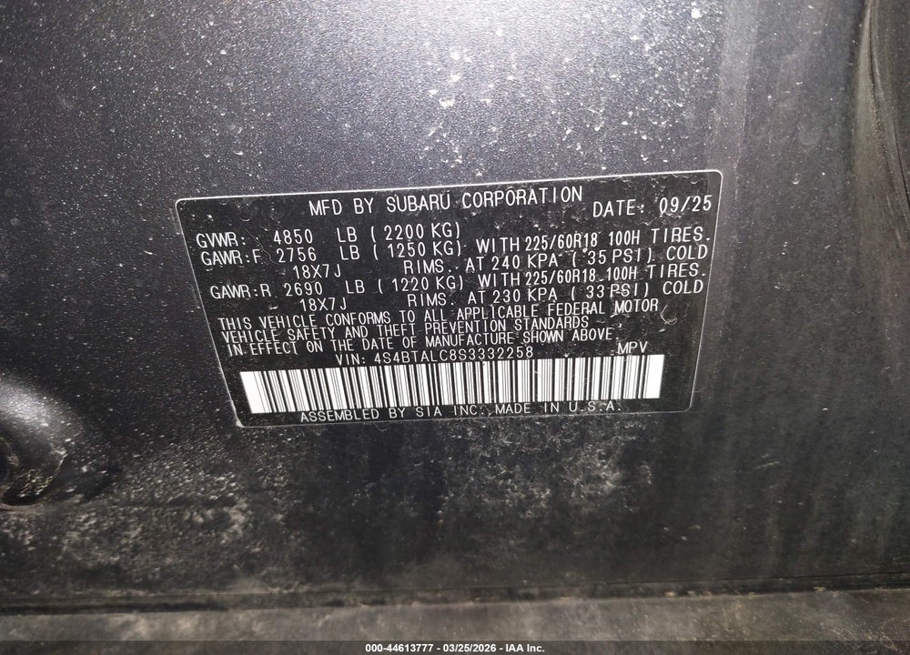 2025 SUBARU OUTBACK ONYX EDITION VIN: 4S4BTALC8S3332258