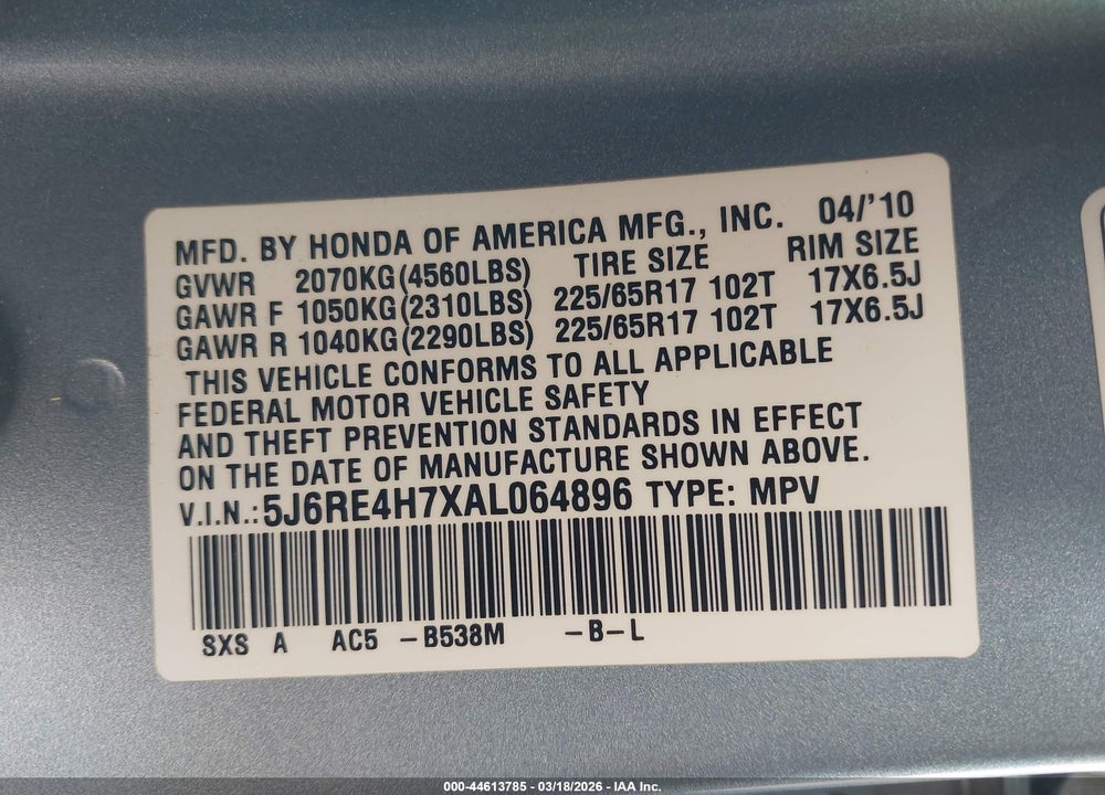 2010 HONDA CR-V EX-L VIN: 5J6RE4H7XAL064896