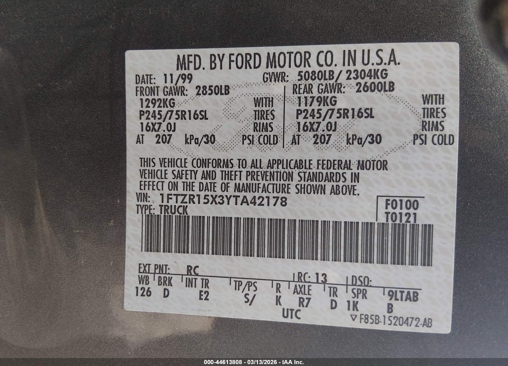2000 FORD RANGER XLT VIN: 1FTZR15X3YTA42178