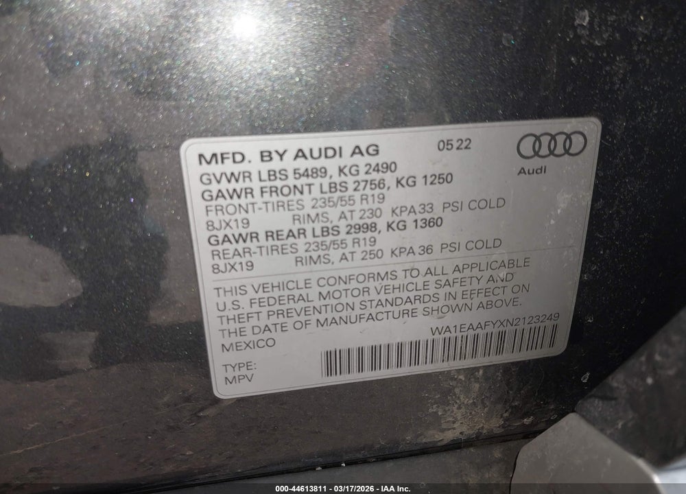 2022 AUDI Q5 PREMIUM PLUS 45 TFSI S LINE QUATTRO S TRONIC VIN: WA1EAAFYXN2123249