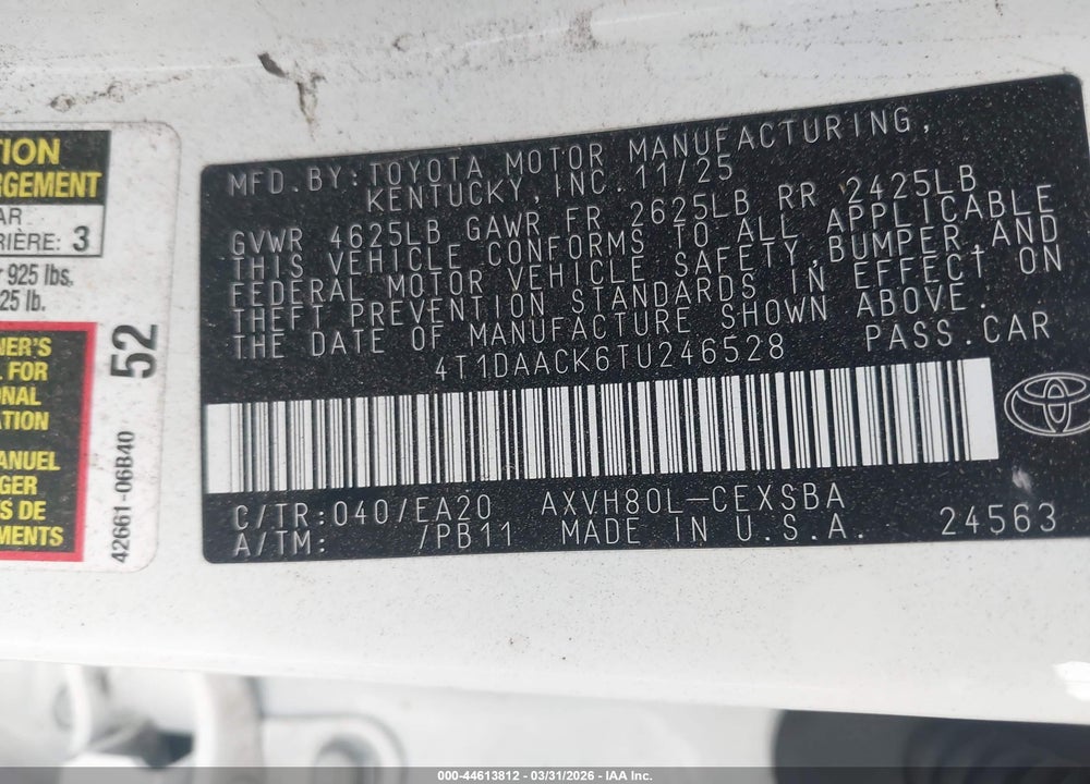 2026 TOYOTA CAMRY SE VIN: 4T1DAACK6TU246528