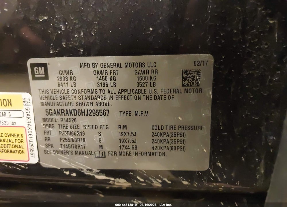 2017 BUICK ENCLAVE CONVENIENCE VIN: 5GAKRAKD6HJ295567