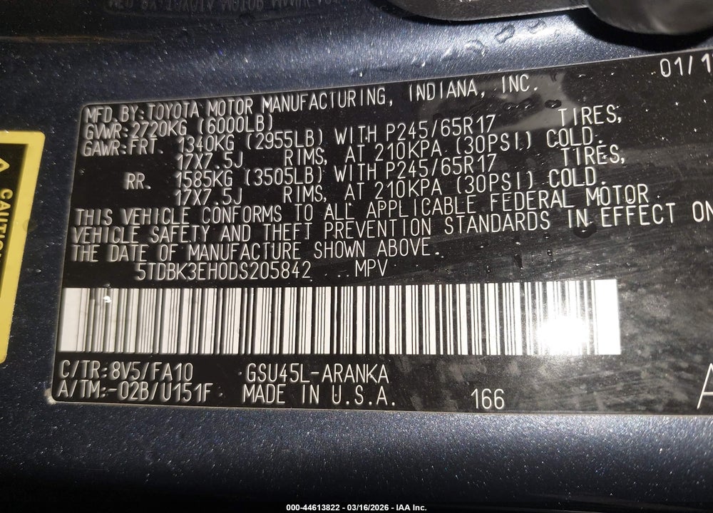 2013 TOYOTA HIGHLANDER BASE PLUS V6 VIN: 5TDBK3EH0DS205842