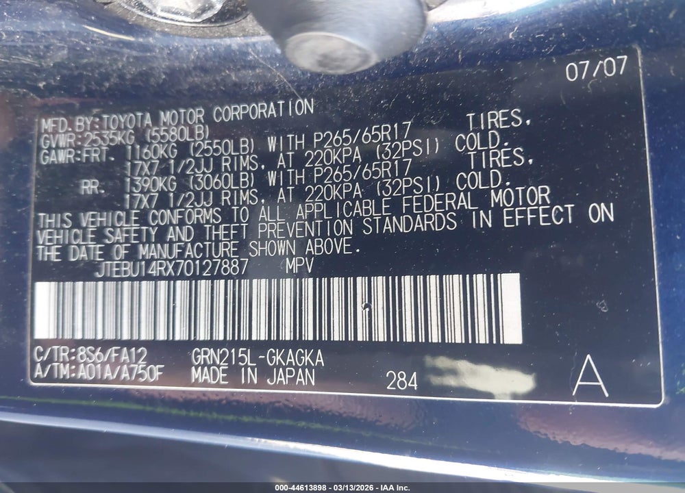2007 TOYOTA 4RUNNER SR5 V6 VIN: JTEBU14RX70127887