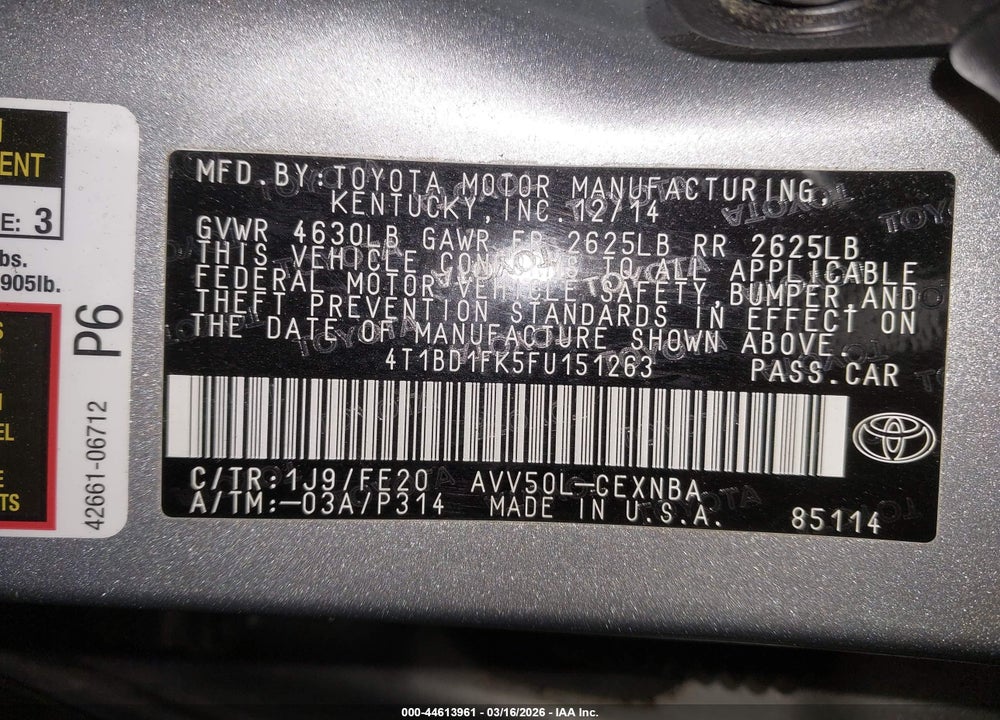 2015 TOYOTA CAMRY HYBRID LE VIN: 4T1BD1FK5FU151263