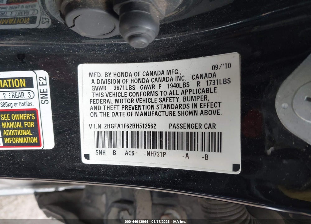 2011 HONDA CIVIC LX-S VIN: 2HGFA1F62BH512562