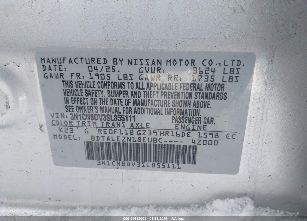 2025 NISSAN VERSA 1.6 S VIN: 3N1CN8DV3SL855111