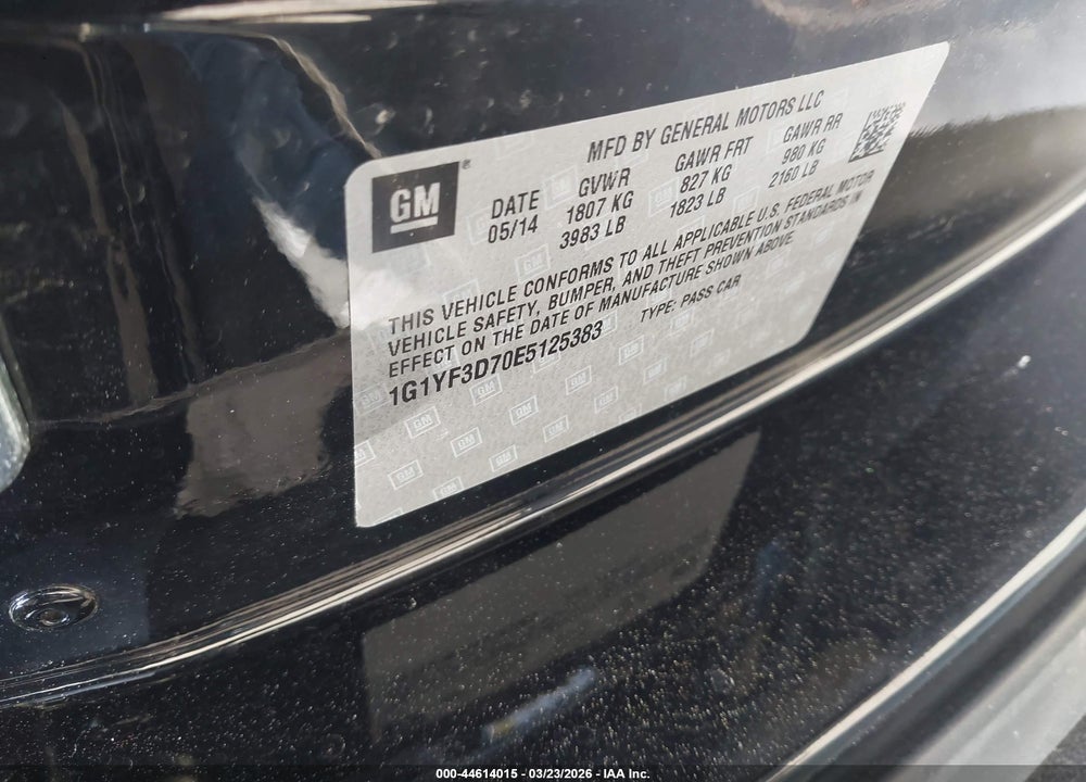 2014 CHEVROLET CORVETTE STINGRAY VIN: 1G1YF3D70E5125383