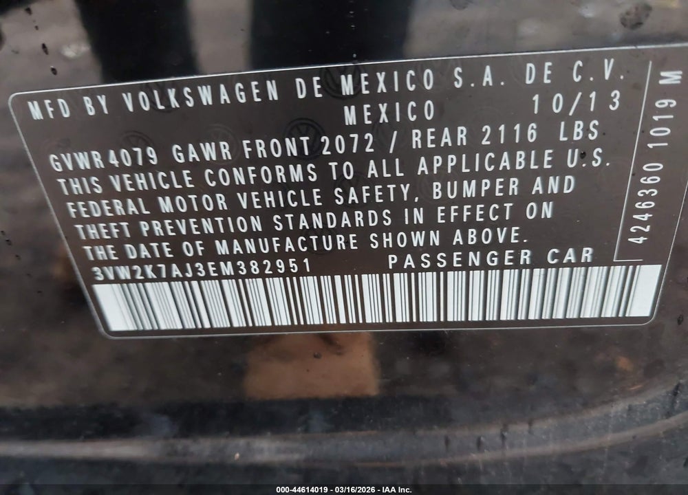 2014 VOLKSWAGEN JETTA 2.0L S VIN: 3VW2K7AJ3EM382951