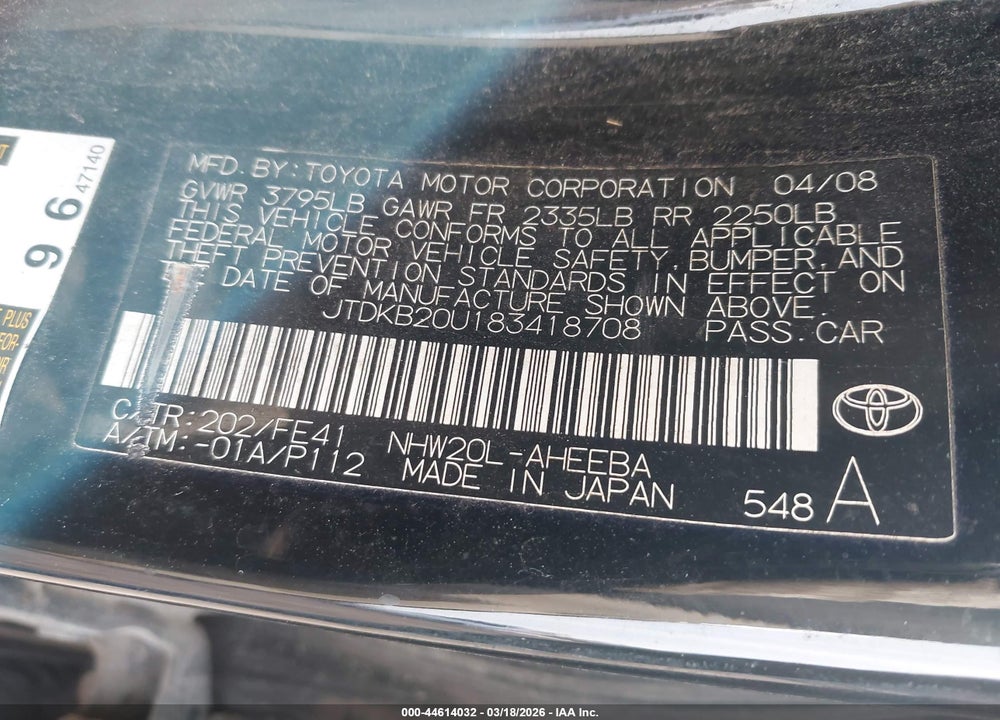 2008 TOYOTA PRIUS TOURING VIN: JTDKB20U183418708