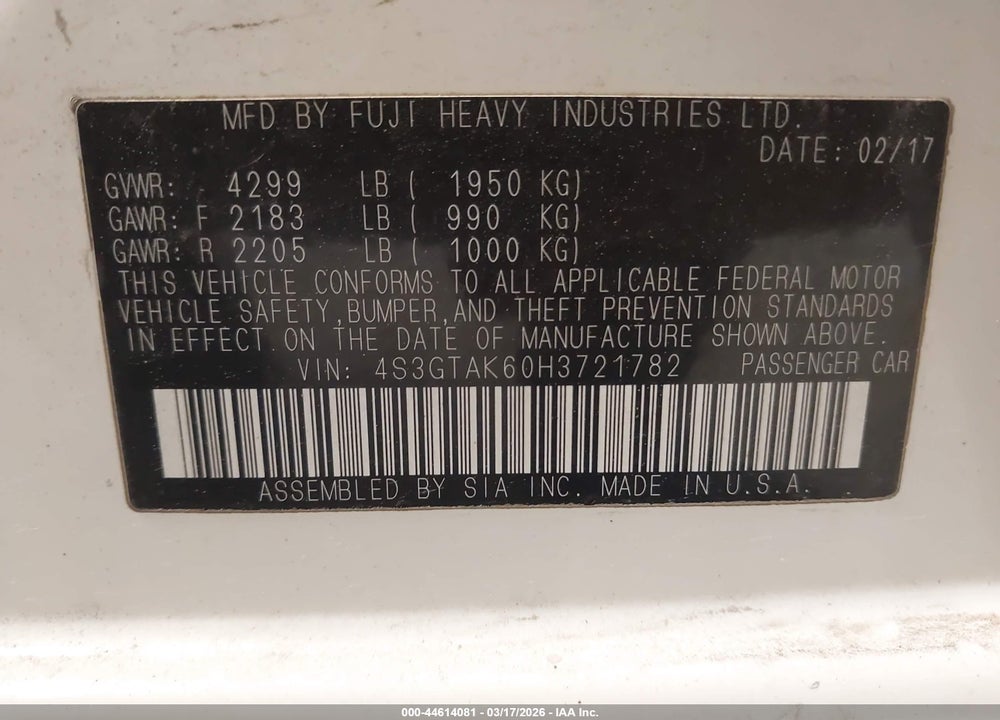 2017 SUBARU IMPREZA 2.0I SPORT VIN: 4S3GTAK60H3721782