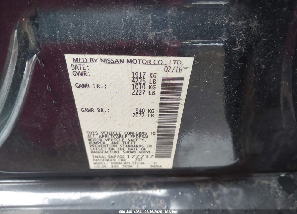 2016 NISSAN ALTIMA 2.5 SV VIN: 1N4AL3AP7GC177717