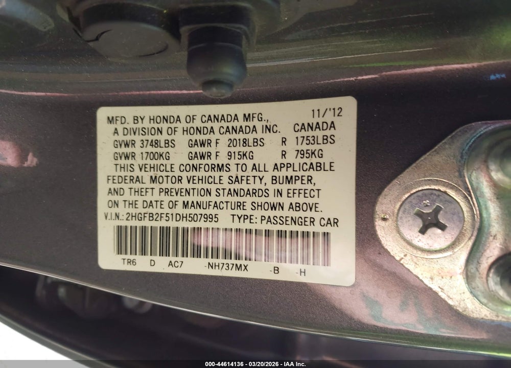 2013 HONDA CIVIC LX VIN: 2HGFB2F51DH507995
