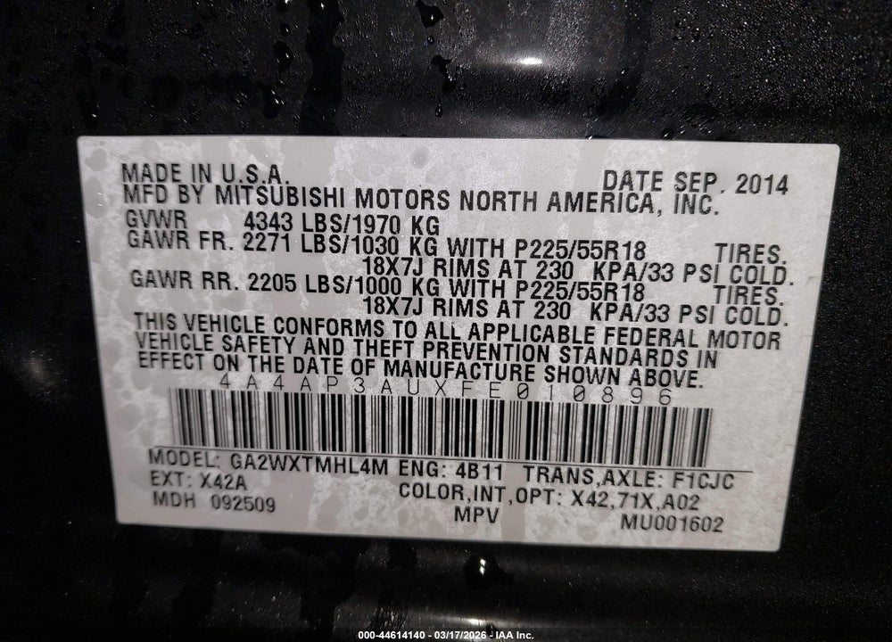2015 MITSUBISHI OUTLANDER SPORT ES VIN: 4A4AP3AUXFE010896