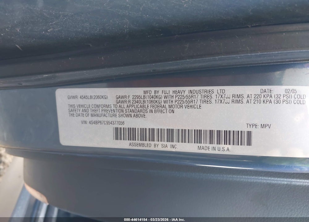 2005 SUBARU OUTBACK 2.5XT LIMITED VIN: 4S4BP67C954377056