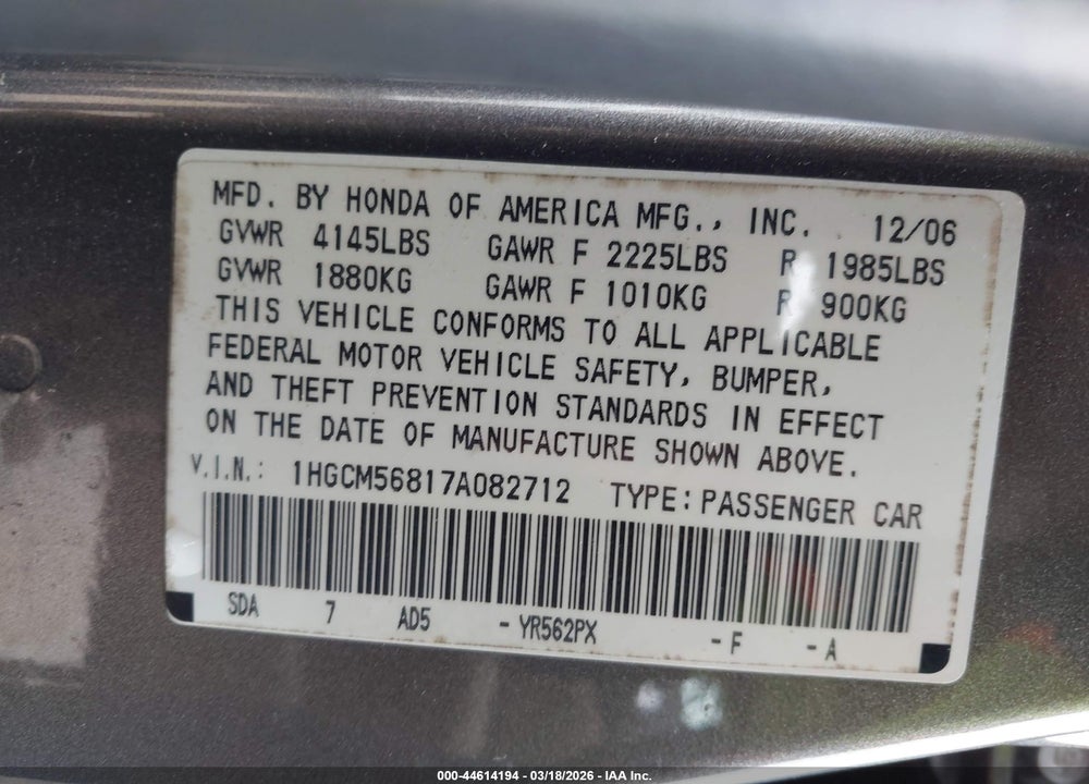 2007 HONDA ACCORD 2.4 EX VIN: 1HGCM56817A082712