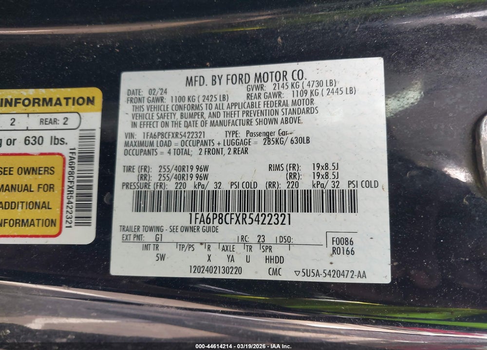 2024 FORD MUSTANG GT PREMIUM FASTBACK VIN: 1FA6P8CFXR5422321