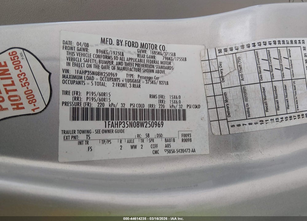 2008 FORD FOCUS SE/SES VIN: 1FAHP35N08W250969