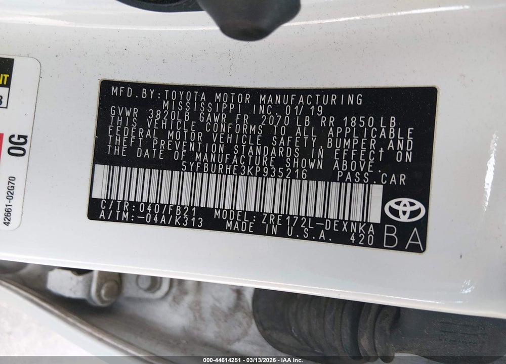 2019 TOYOTA COROLLA LE VIN: 5YFBURHE3KP935216
