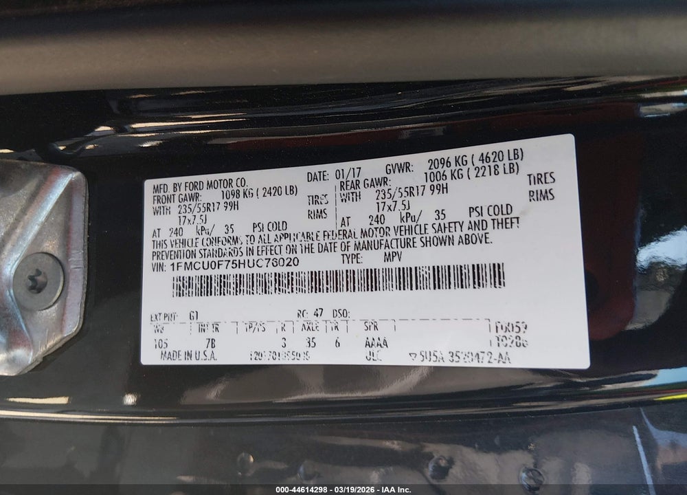 2017 FORD ESCAPE S VIN: 1FMCU0F75HUC76020