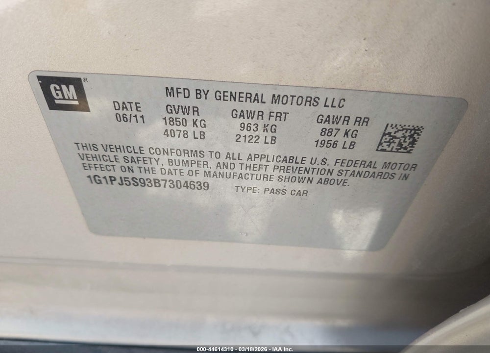 2011 CHEVROLET CRUZE ECO VIN: 1G1PJ5S93B7304639