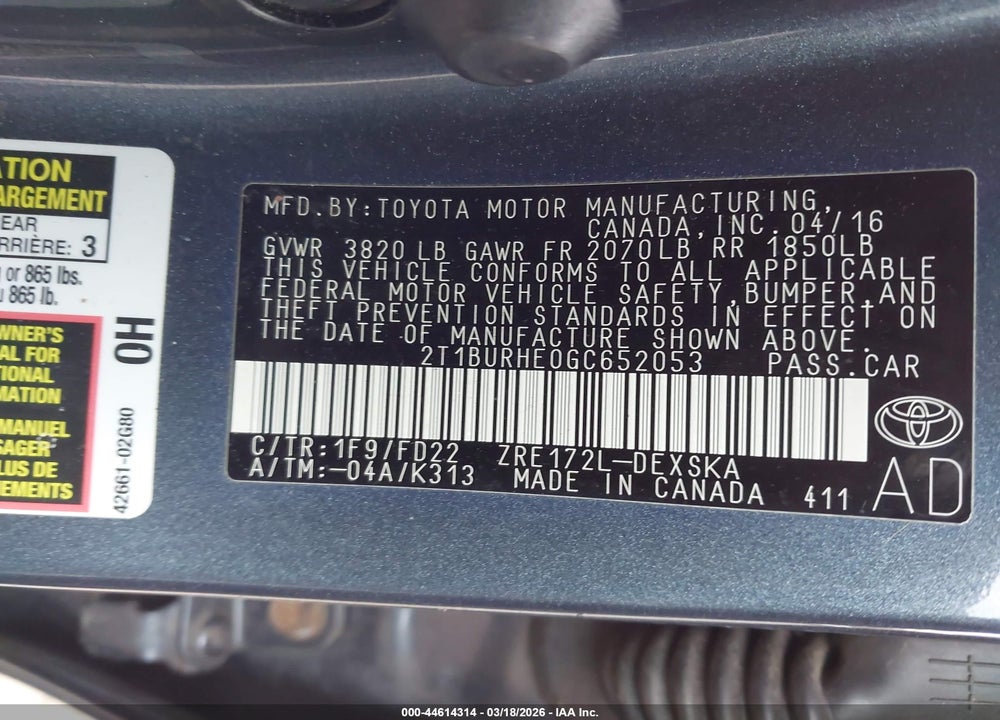 2016 TOYOTA COROLLA S PLUS VIN: 2T1BURHE0GC652053