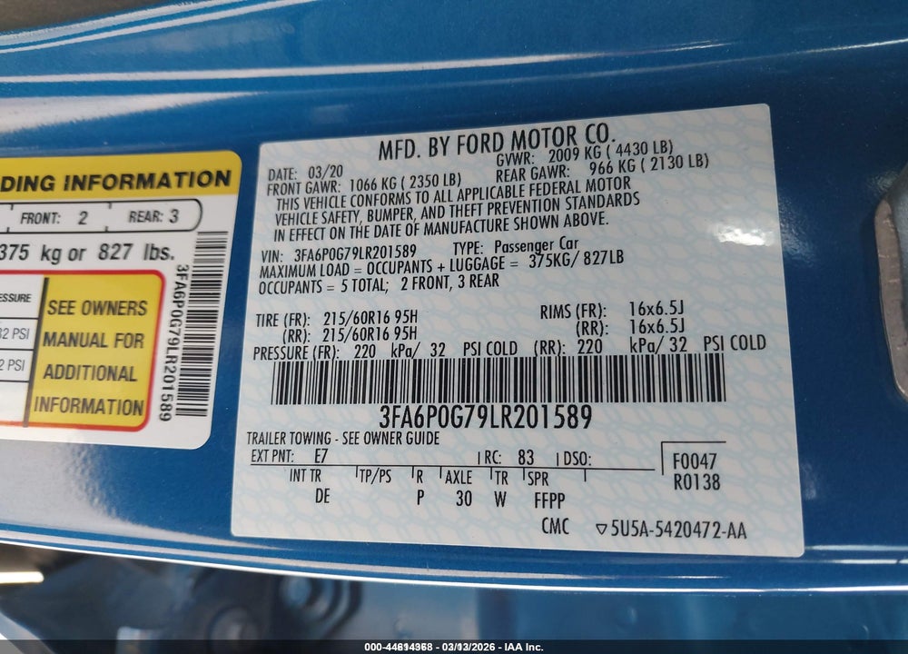 2020 FORD FUSION S VIN: 3FA6P0G79LR201589