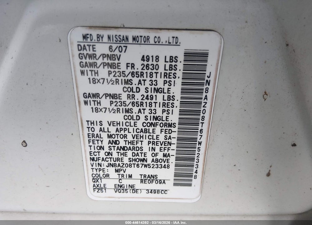 2007 NISSAN MURANO SL VIN: JN8AZ08T67W523348