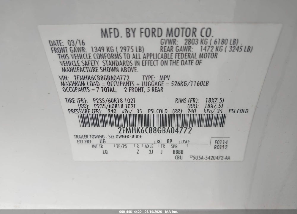 2016 FORD FLEX SEL VIN: 2FMHK6C88GBA04772