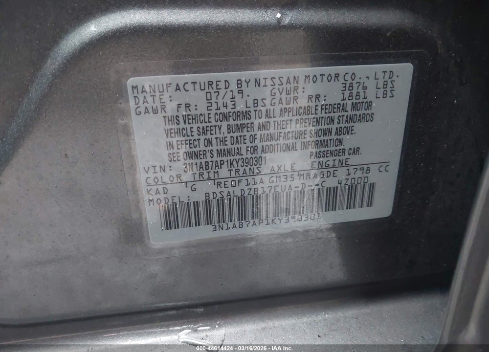 2019 NISSAN SENTRA SV VIN: 3N1AB7AP1KY390301