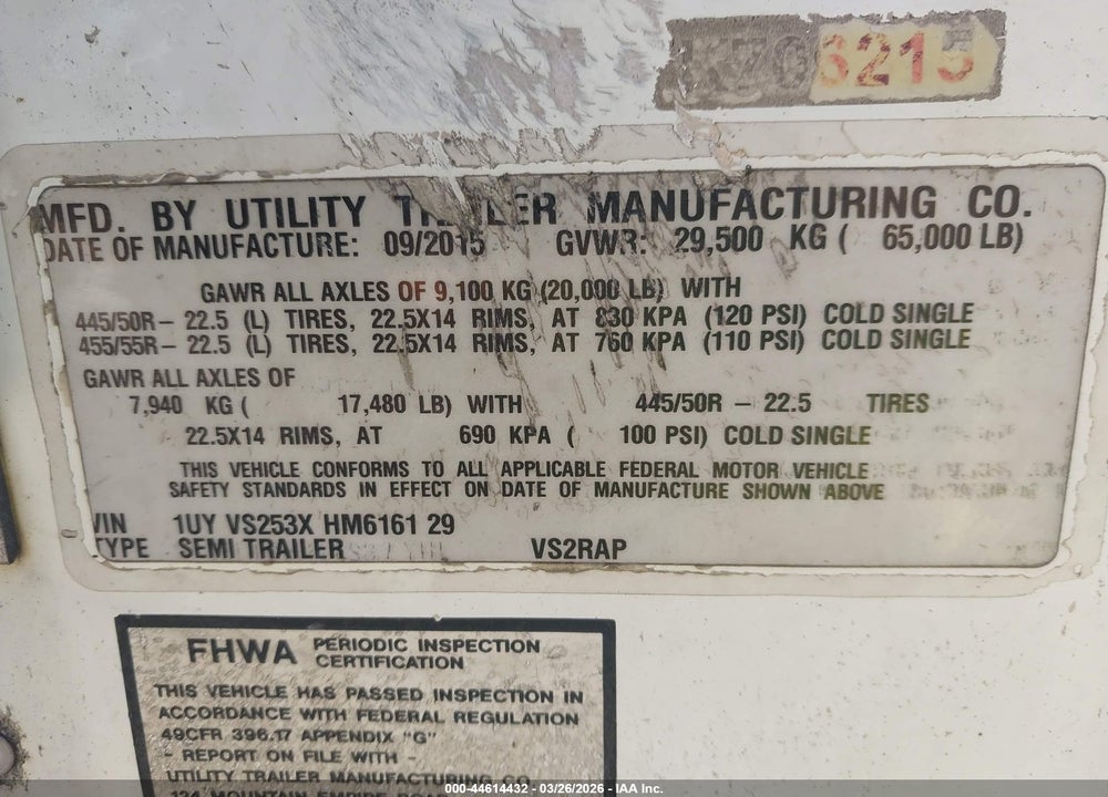 2017 UTILITY TRAILER MFG TRAILER VIN: 1UYVS253XHM616129