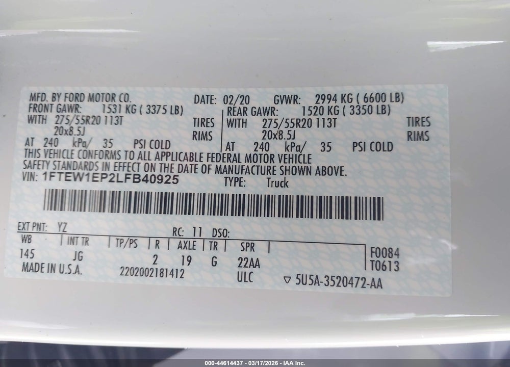 2020 FORD F-150 XL VIN: 1FTEW1EP2LFB40925