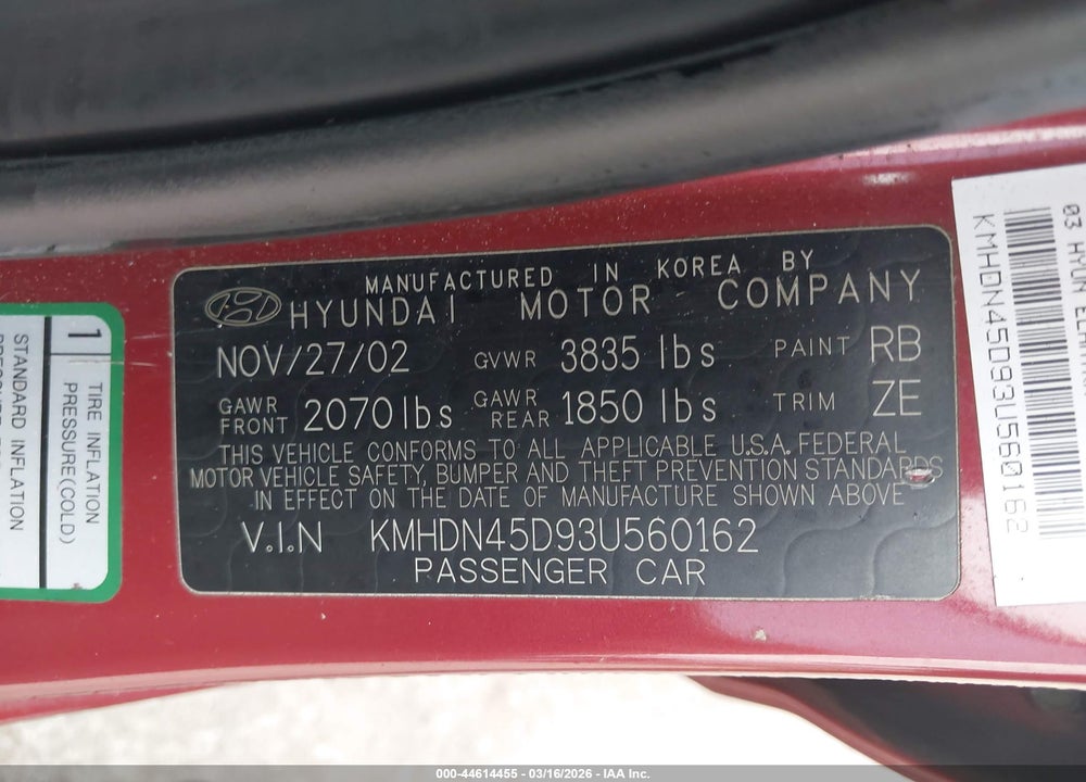 2003 HYUNDAI ELANTRA GLS/GT VIN: KMHDN45D93U560162