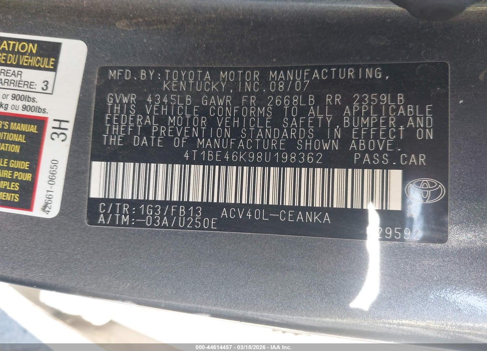 2008 TOYOTA CAMRY LE VIN: 4T1BE46K98U198362