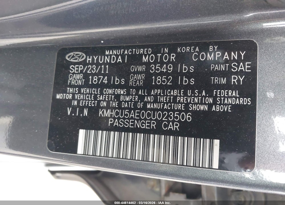 2012 HYUNDAI ACCENT SE VIN: KMHCU5AE0CU023506
