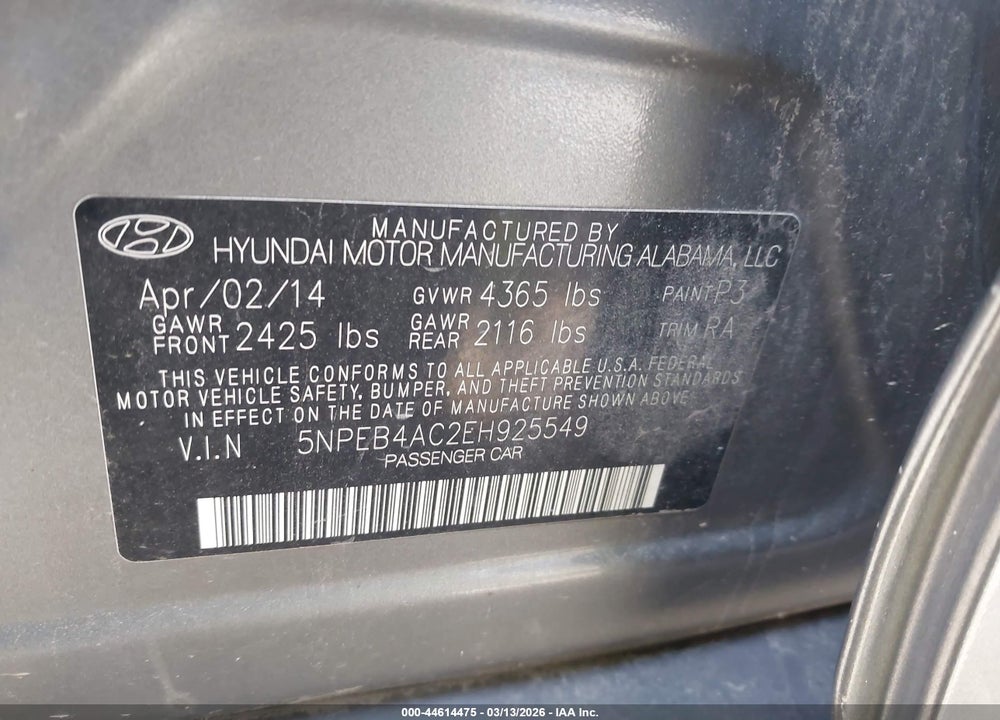2014 HYUNDAI SONATA GLS VIN: 5NPEB4AC2EH925549