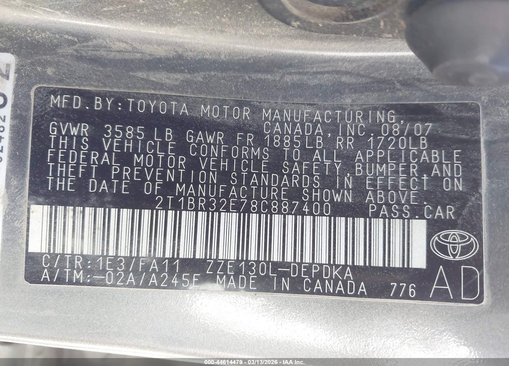 2008 TOYOTA COROLLA CE VIN: 2T1BR32E78C887400