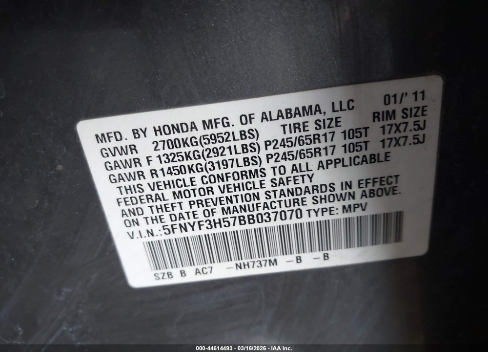 2011 HONDA PILOT EX-L VIN: 5FNYF3H57BB037070