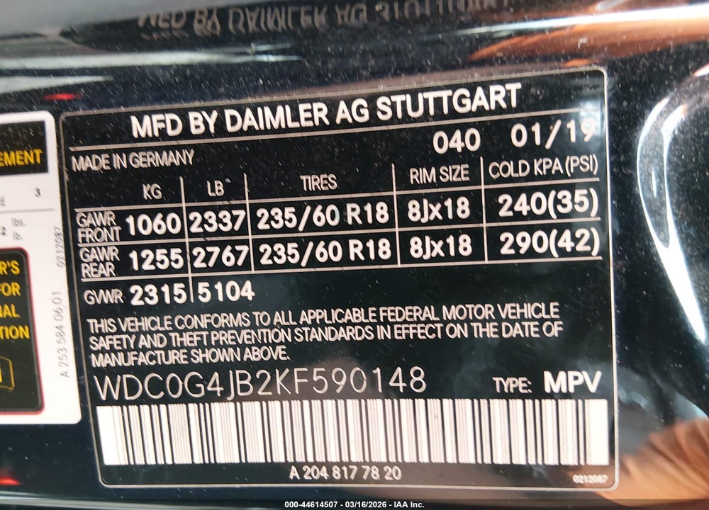 2019 MERCEDES-BENZ GLC 300 VIN: WDC0G4JB2KF590148
