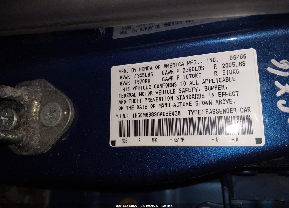 2006 HONDA ACCORD 3.0 EX VIN: 1HGCM66896A066438