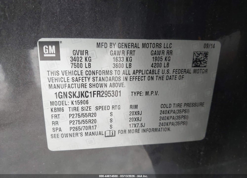 2015 CHEVROLET SUBURBAN 1500 LT VIN: 1GNSKJKC1FR295301
