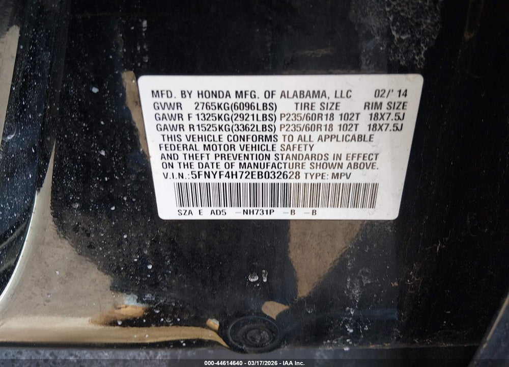 2014 HONDA PILOT EX-L VIN: 5FNYF4H72EB032628